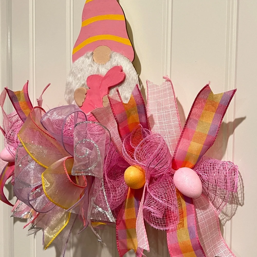 14” Easter Spring Ribbon Bow Wreath Rail Gnome Handmade Pink Orange Hndmd Gr2